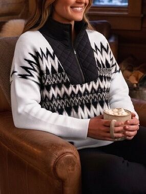 Apres Ski T by Talbots Black White Fair Isle Quilted Mock Neck Sweater XL Nordic